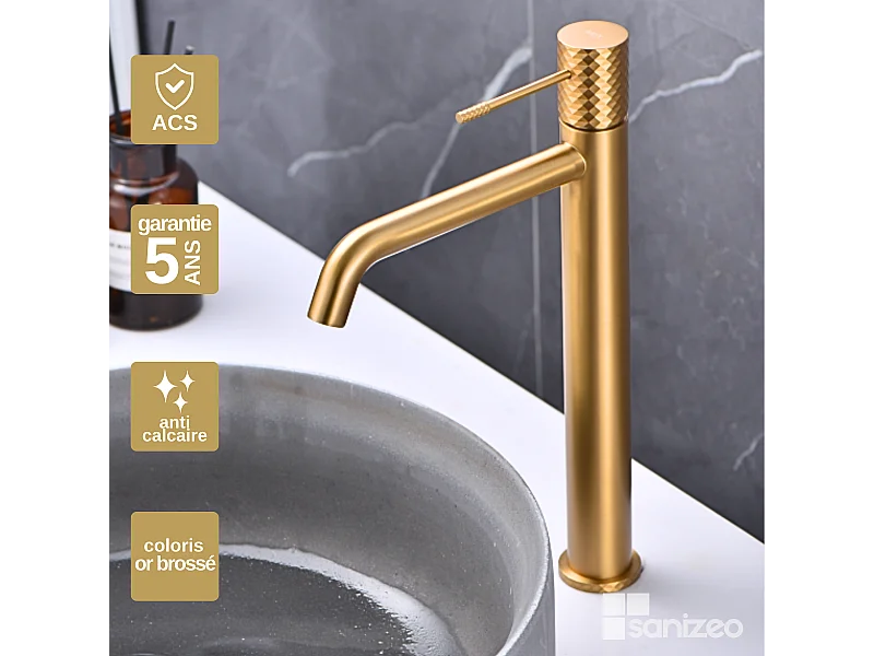 Mitigeur Lavabo Salle de Bain or brossé– Bec Haut Anti-Calcaire – Design Moderne - GENOVA IMEX