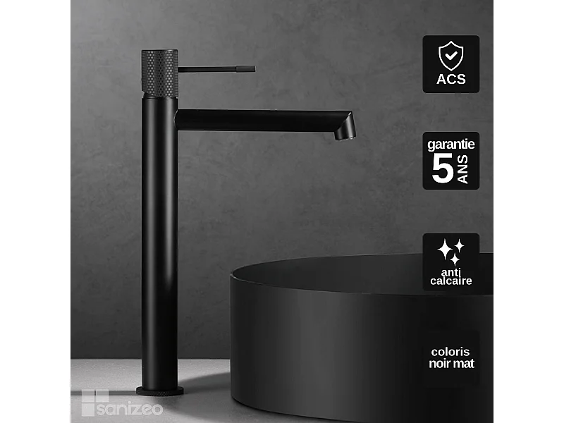 Mitigeur Lavabo Salle de Bain noir mat – Bec Haut Anti-Calcaire – Design moderne - LINE IMEX