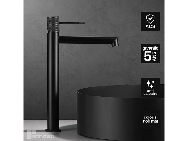 Mitigeur Lavabo Salle de Bain noir mat – Bec Haut Anti-Calcaire – Design moderne - LINE IMEX