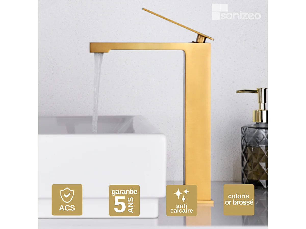Mitigeur Lavabo Salle de Bain or brossé – Bec Haut Anti-Calcaire – Design moderne - PISA IMEX