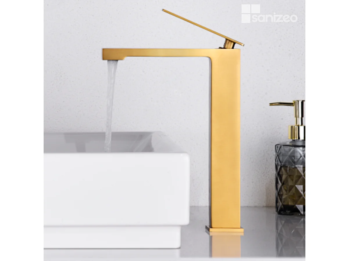 Mitigeur Lavabo Salle de Bain or brossé – Bec Haut Anti-Calcaire – Design moderne - PISA IMEX