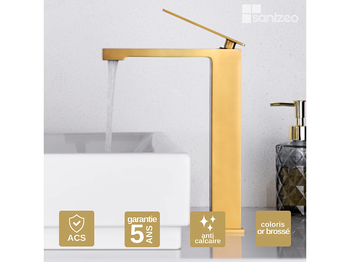 Mitigeur Lavabo Salle de Bain or brossé – Bec Haut Anti-Calcaire – Design moderne - PISA IMEX