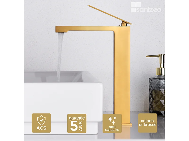 Mitigeur Lavabo Salle de Bain or brossé – Bec Haut Anti-Calcaire – Design moderne - PISA IMEX