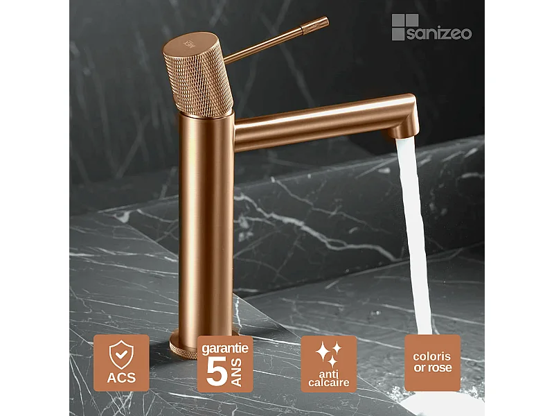 Mitigeur Lavabo Salle de Bain or rose cuivré – Bec Bas Anti-Calcaire – Design Moderne - LINE IMEX