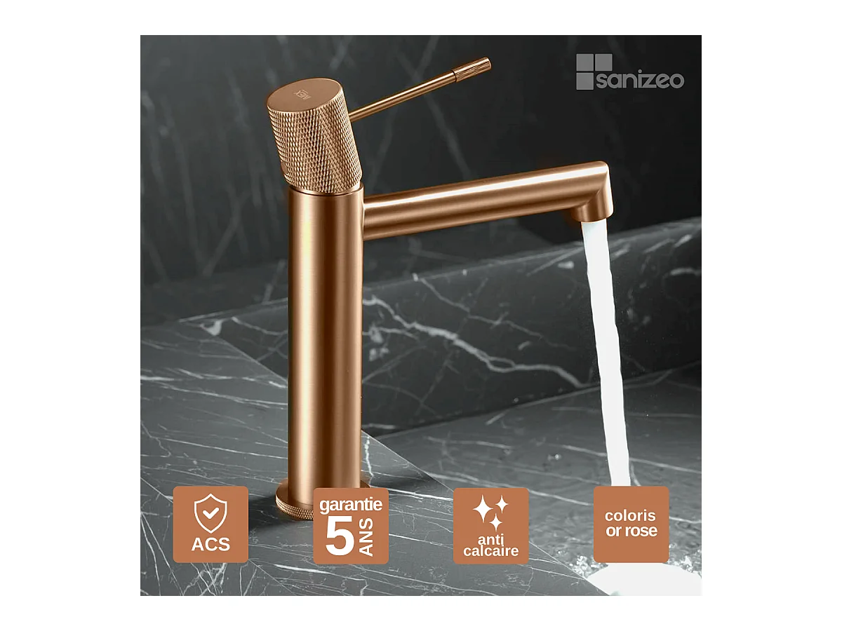 Robinet Mitigeur de Lavabo Anti-Calcaire Bec Bas Or Rose Cuivré IMEX LINE BDD038-1ORC