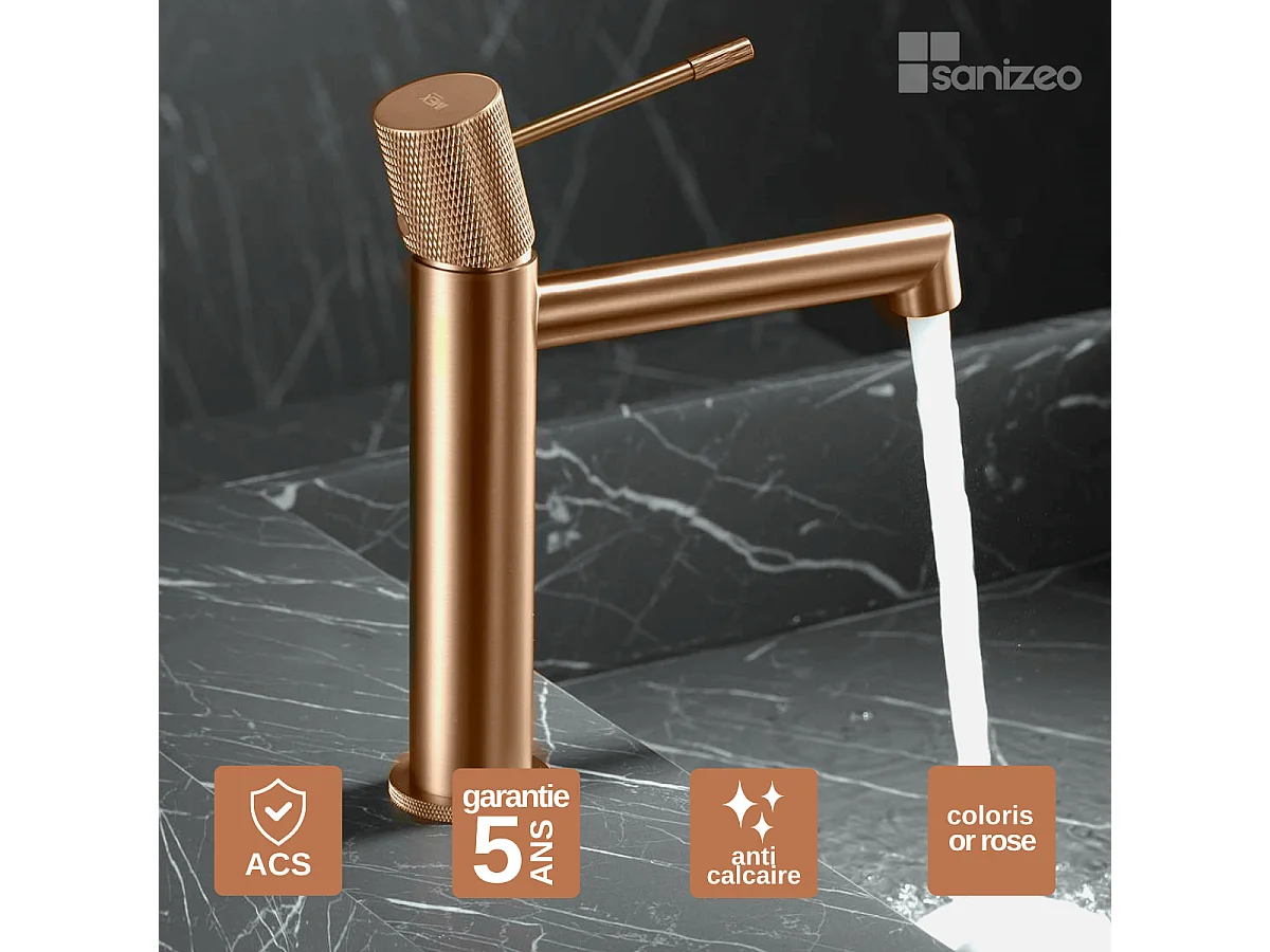Mitigeur Lavabo Salle de Bain or rose cuivré – Bec Bas Anti-Calcaire – Design Moderne - LINE IMEX