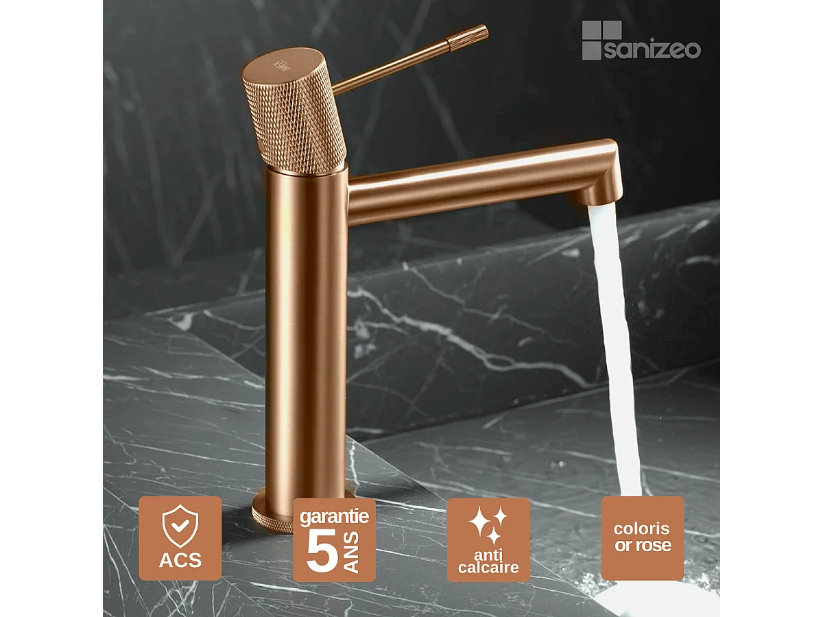 Mitigeur Lavabo Salle de Bain or rose cuivré – Bec Bas Anti-Calcaire – Design Moderne - LINE IMEX