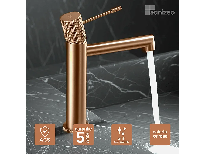 Mitigeur Lavabo Salle de Bain or rose cuivré – Bec Bas Anti-Calcaire – Design Moderne - LINE IMEX