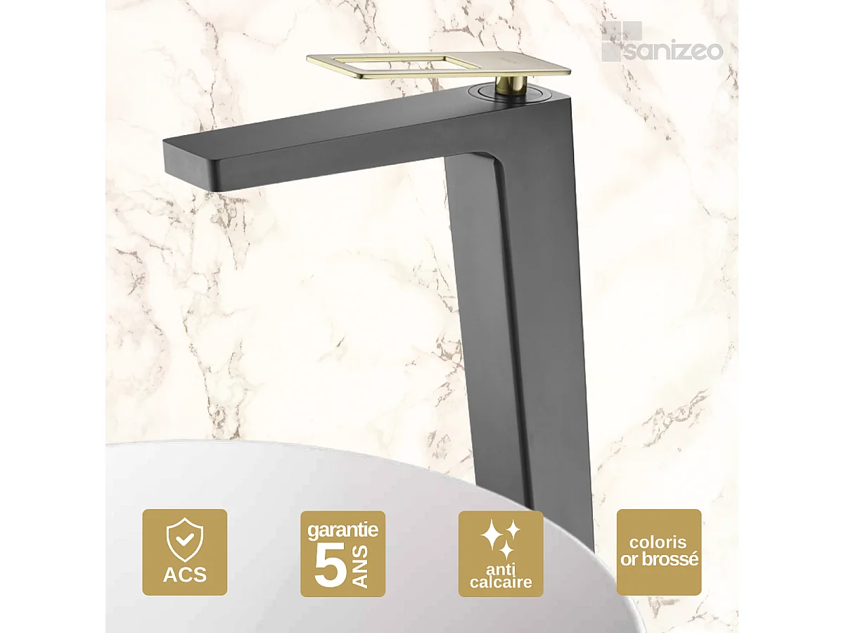 Mitigeur Lavabo Salle de Bain noir/or – Bec Haut Anti-Calcaire – Design moderne - SUECIA IMEX