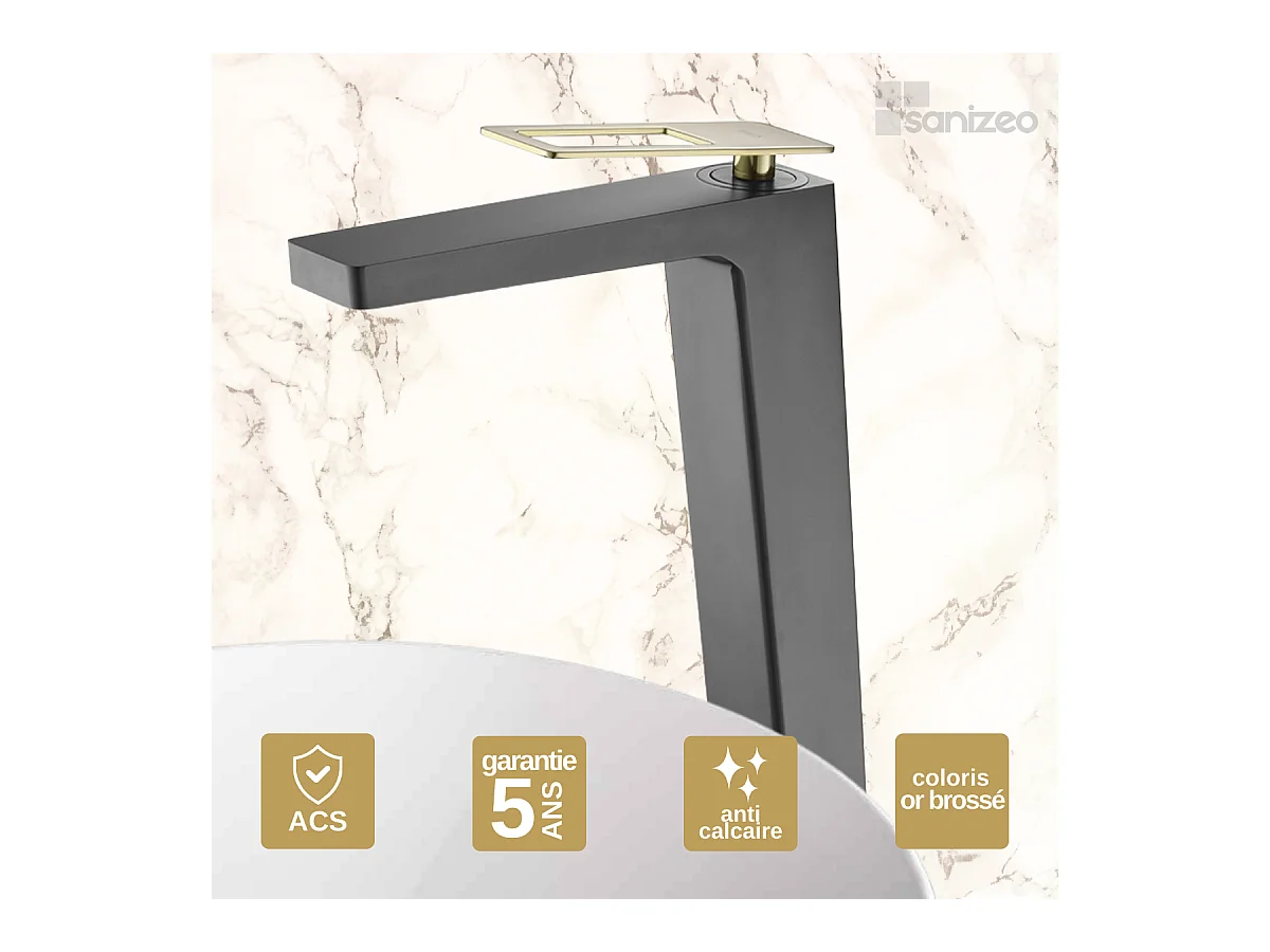 Robinet Mitigeur de Lavabo Anti-Calcaire Bec Haut Noir Mat et Or Brillant IMEX SUECIA BDC032-3NGOLD