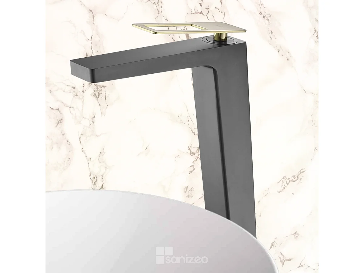 Mitigeur Lavabo Salle de Bain noir/or – Bec Haut Anti-Calcaire – Design moderne - SUECIA IMEX