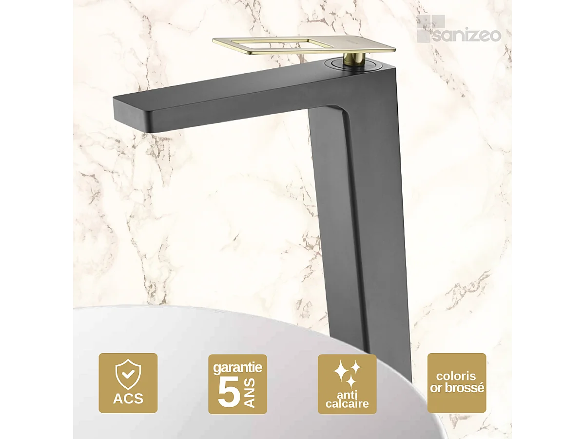Mitigeur Lavabo Salle de Bain noir/or – Bec Haut Anti-Calcaire – Design moderne - SUECIA IMEX