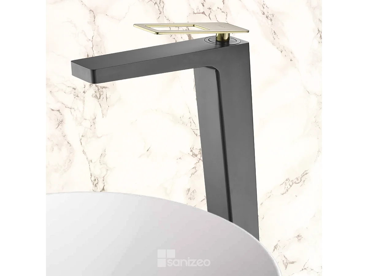 Mitigeur Lavabo Salle de Bain noir/or – Bec Haut Anti-Calcaire – Design moderne - SUECIA IMEX