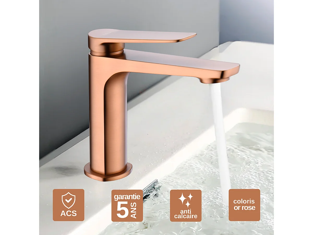 Mitigeur Lavabo Salle de Bain or rose cuvré – Bec Bas Anti-Calcaire – Design Moderne - NAPOLES IMEX