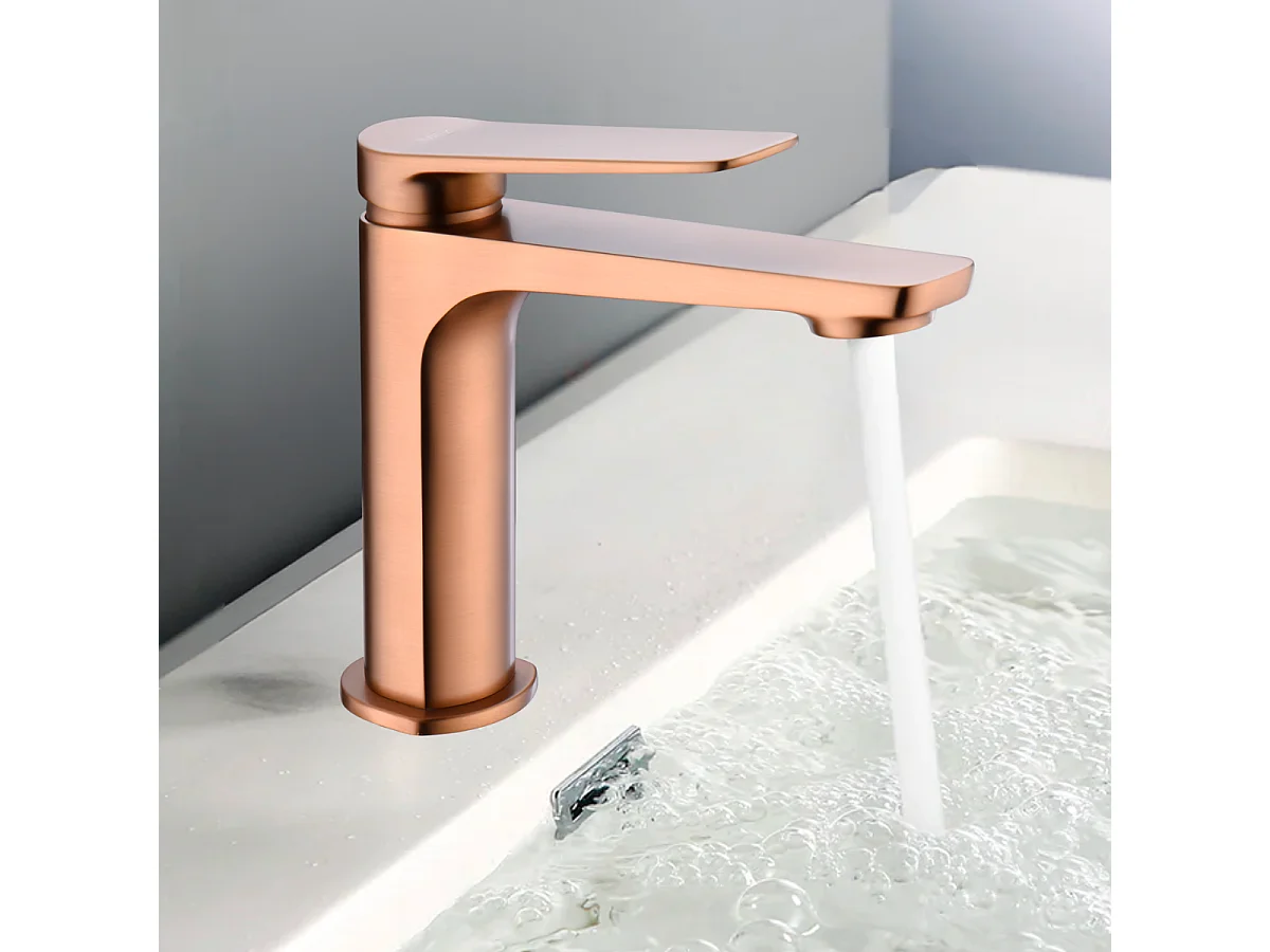 Mitigeur Lavabo Salle de Bain or rose cuvré – Bec Bas Anti-Calcaire – Design Moderne - NAPOLES IMEX