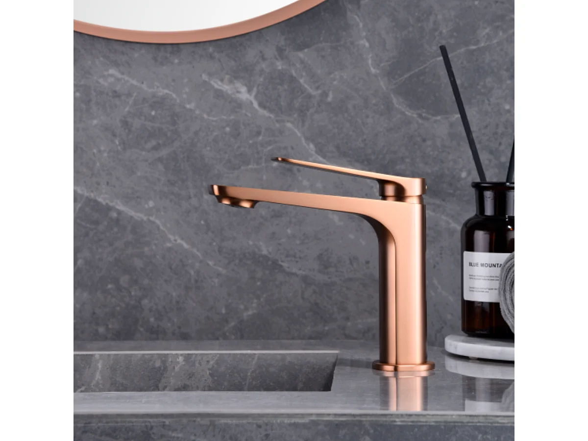 Mitigeur Lavabo Salle de Bain or rose cuvré – Bec Bas Anti-Calcaire – Design Moderne - NAPOLES IMEX