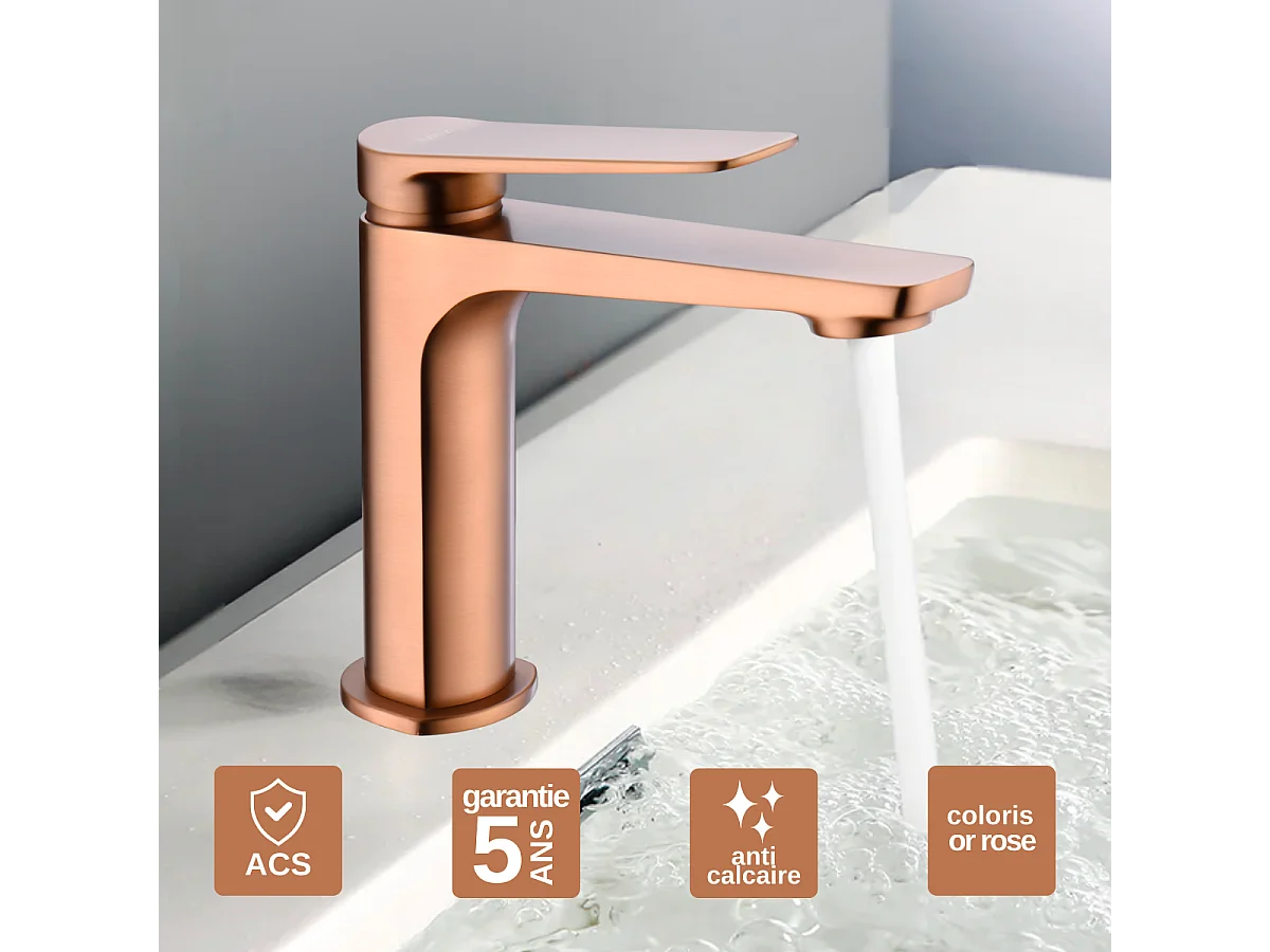 Mitigeur Lavabo Salle de Bain or rose cuvré – Bec Bas Anti-Calcaire – Design Moderne - NAPOLES IMEX