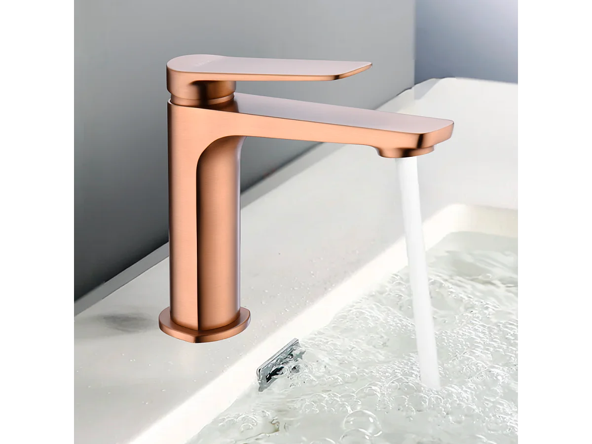Mitigeur Lavabo Salle de Bain or rose cuvré – Bec Bas Anti-Calcaire – Design Moderne - NAPOLES IMEX