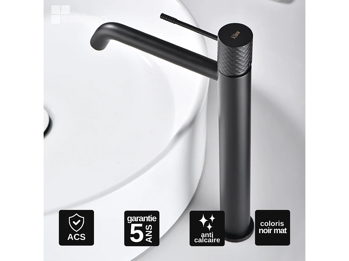 Mitigeur Lavabo Salle de Bain noir mat – Bec Haut Anti-Calcaire – Design Moderne - GENOVA IMEX