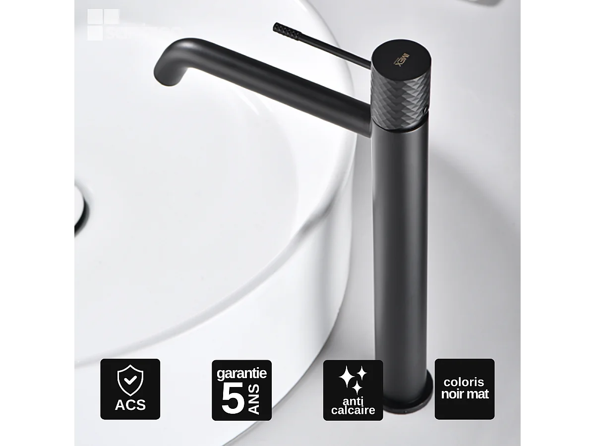 Mitigeur Lavabo Salle de Bain noir mat – Bec Haut Anti-Calcaire – Design Moderne - GENOVA IMEX