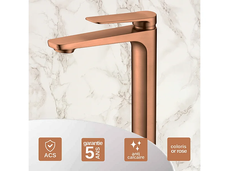 Mitigeur Lavabo Salle de Bain or rose cuvré – Bec Haut Anti-Calcaire – Design Moderne - NAPOLES IMEX