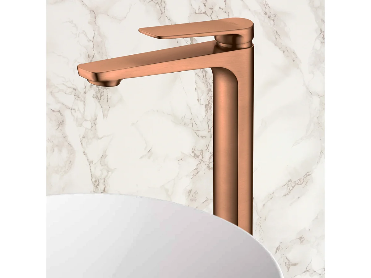 Mitigeur Lavabo Salle de Bain or rose cuvré – Bec Haut Anti-Calcaire – Design Moderne - NAPOLES IMEX