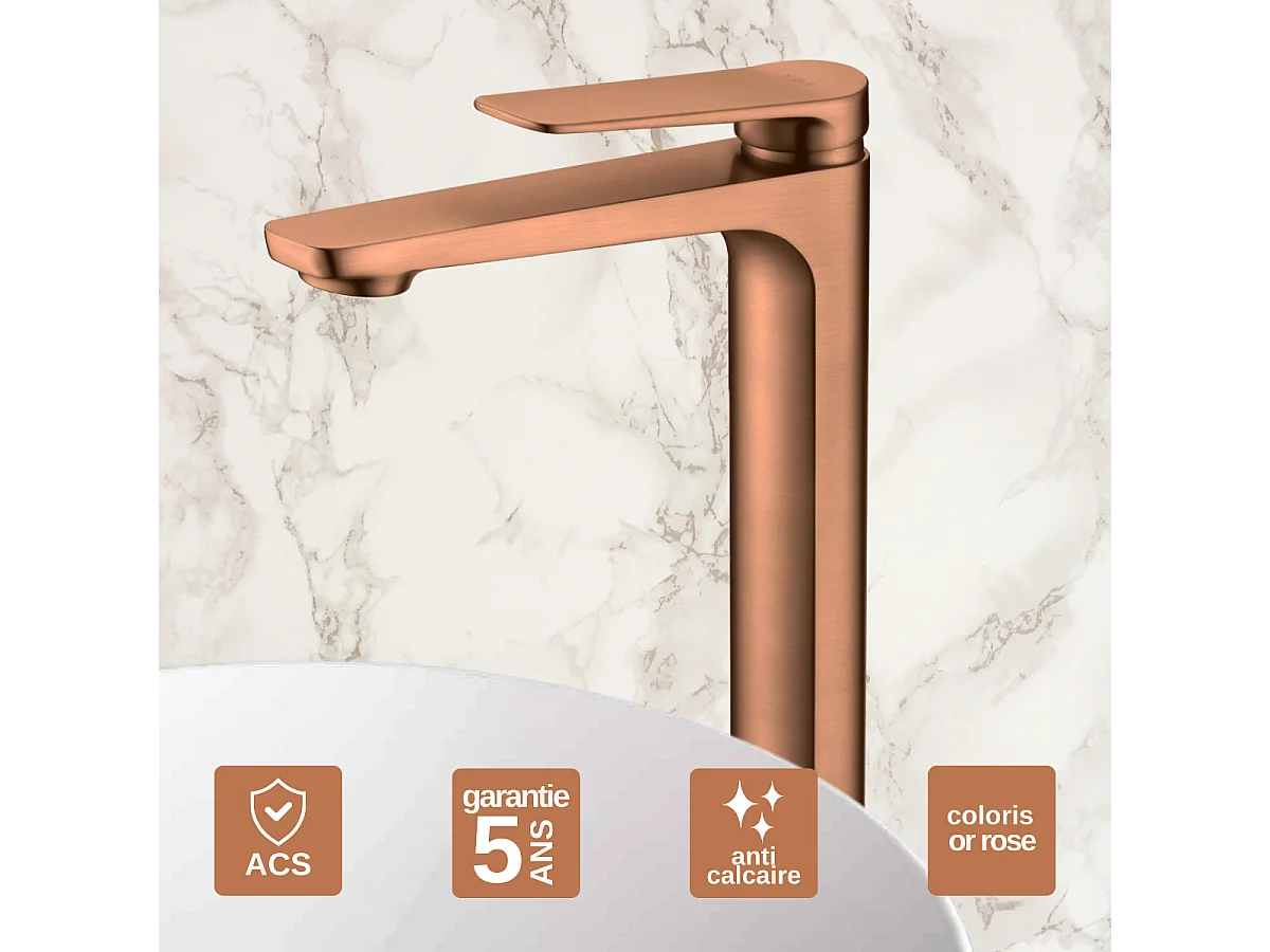 Mitigeur Lavabo Salle de Bain or rose cuvré – Bec Haut Anti-Calcaire – Design Moderne - NAPOLES IMEX