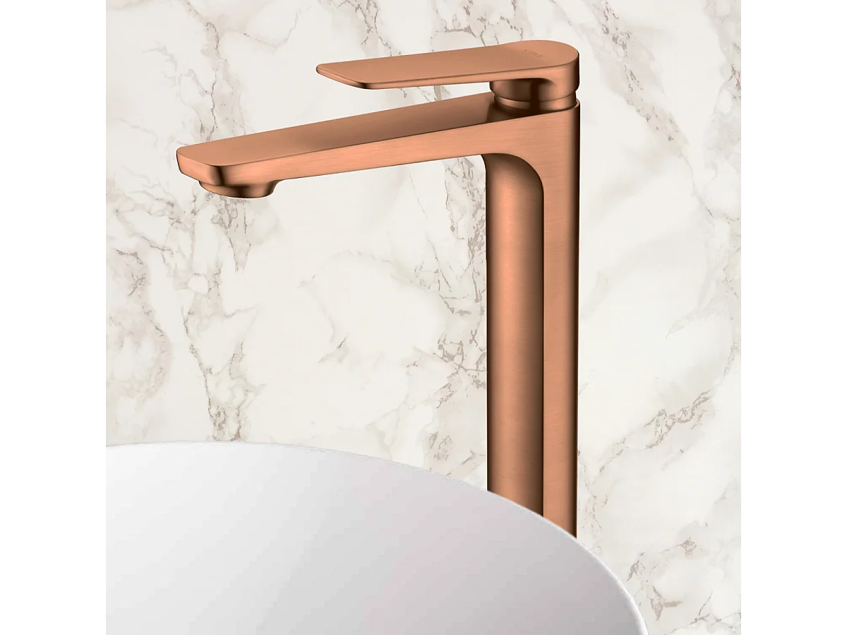 Mitigeur Lavabo Salle de Bain or rose cuvré – Bec Haut Anti-Calcaire – Design Moderne - NAPOLES IMEX