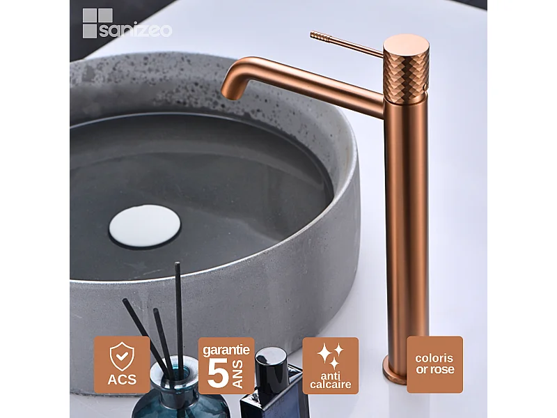 Mitigeur Lavabo Salle de Bain or rose cuivré – Bec Haut Anti-Calcaire – Design Moderne - GENOVA IMEX