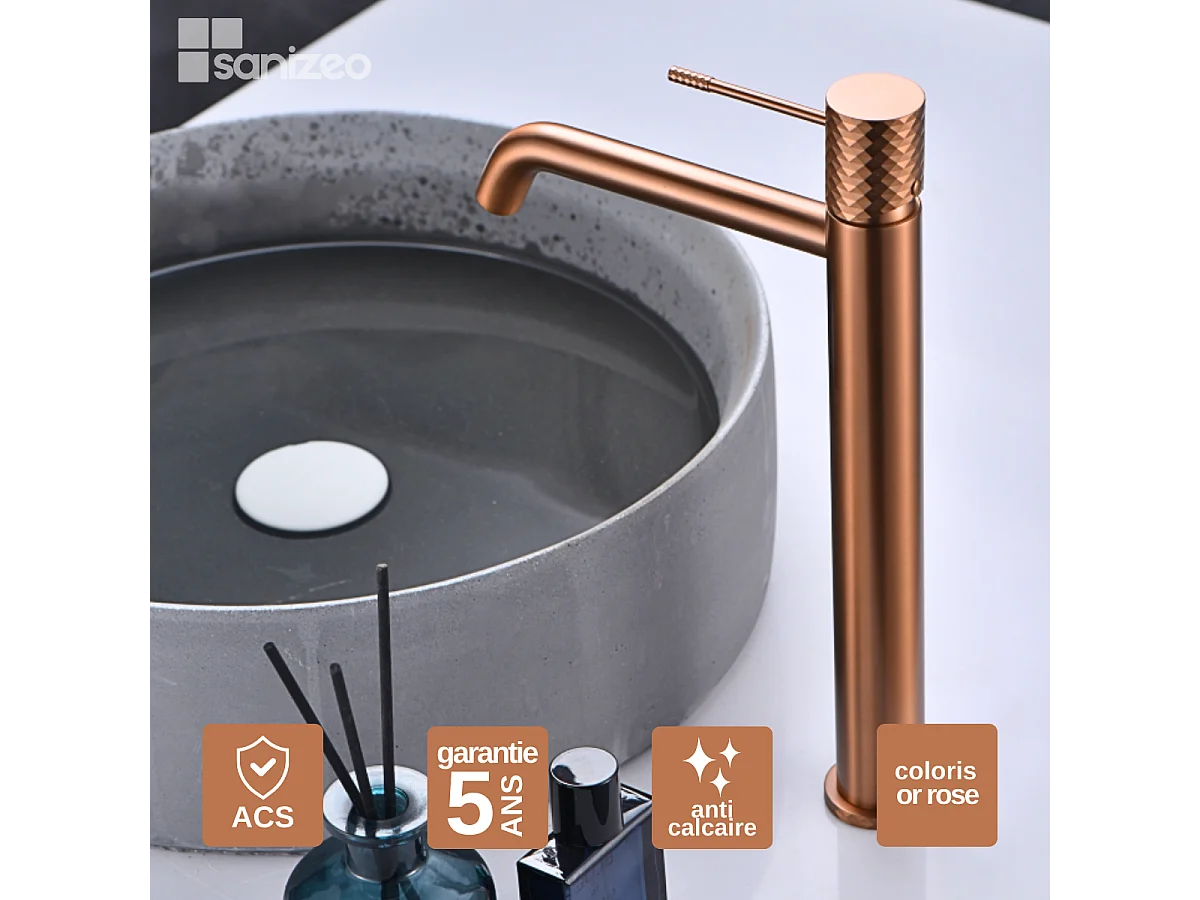 Mitigeur Lavabo Salle de Bain or rose cuivré – Bec Haut Anti-Calcaire – Design Moderne - GENOVA IMEX