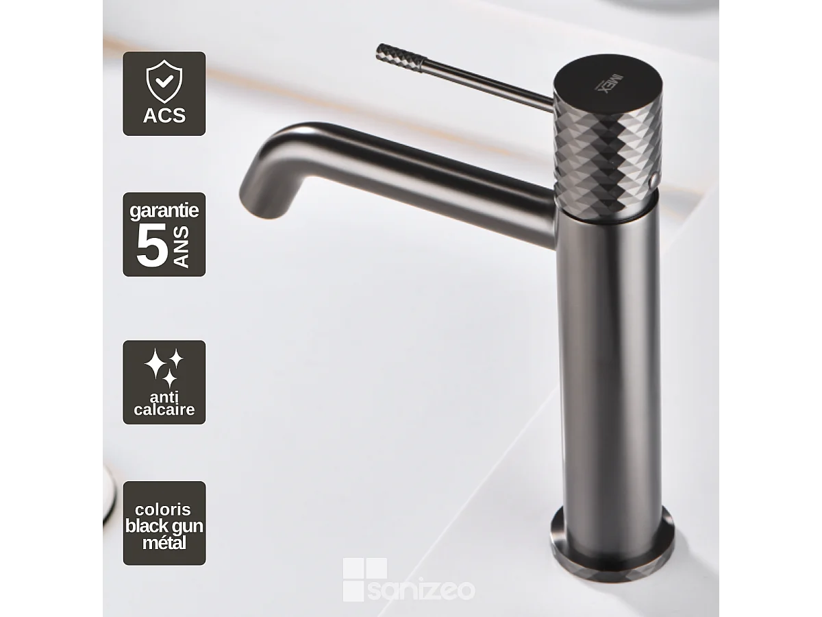 Mitigeur Lavabo Salle de Bain noir métal – Bec Bas Anti-Calcaire – Design Moderne - GENOVA IMEX