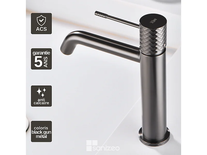 Mitigeur Lavabo Salle de Bain noir métal – Bec Bas Anti-Calcaire – Design Moderne - GENOVA IMEX