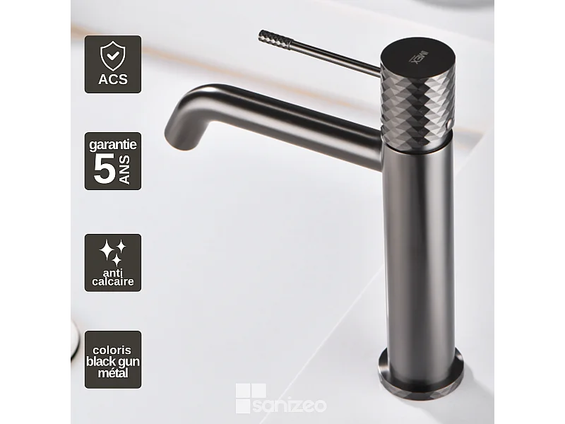 Mitigeur Lavabo Salle de Bain noir métal – Bec Bas Anti-Calcaire – Design Moderne - GENOVA IMEX