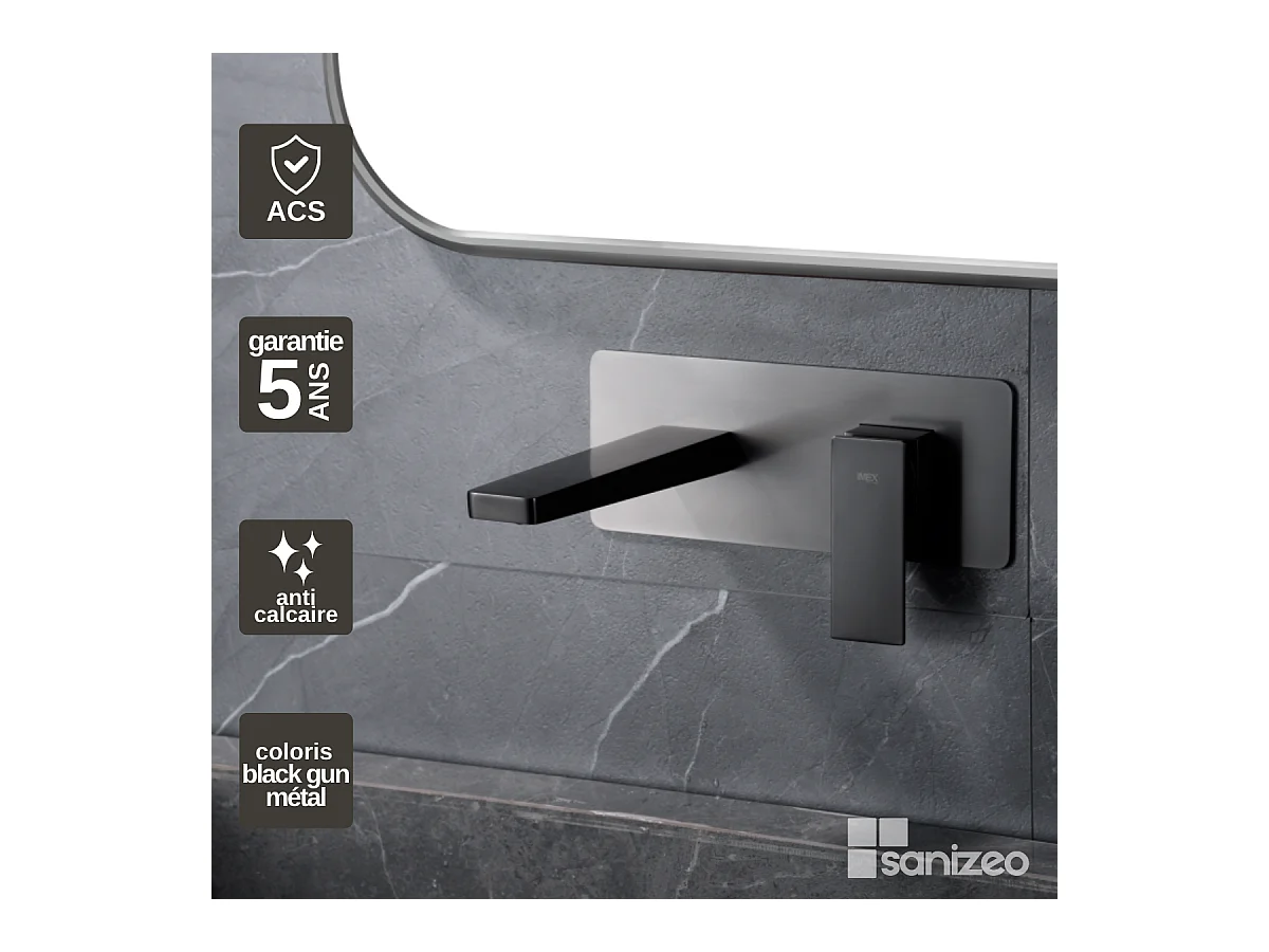 Robinet Mitigeur de Lavabo Encastré Anti-Calcaire Black Gun Métal IMEX PISA GLP048/BGM