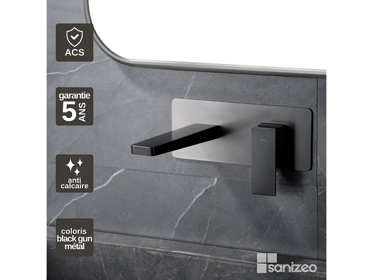 Mitigeur Lavabo Encastré Salle de Bain noir métal – Anti-Calcaire – Design moderne - PISA IMEX