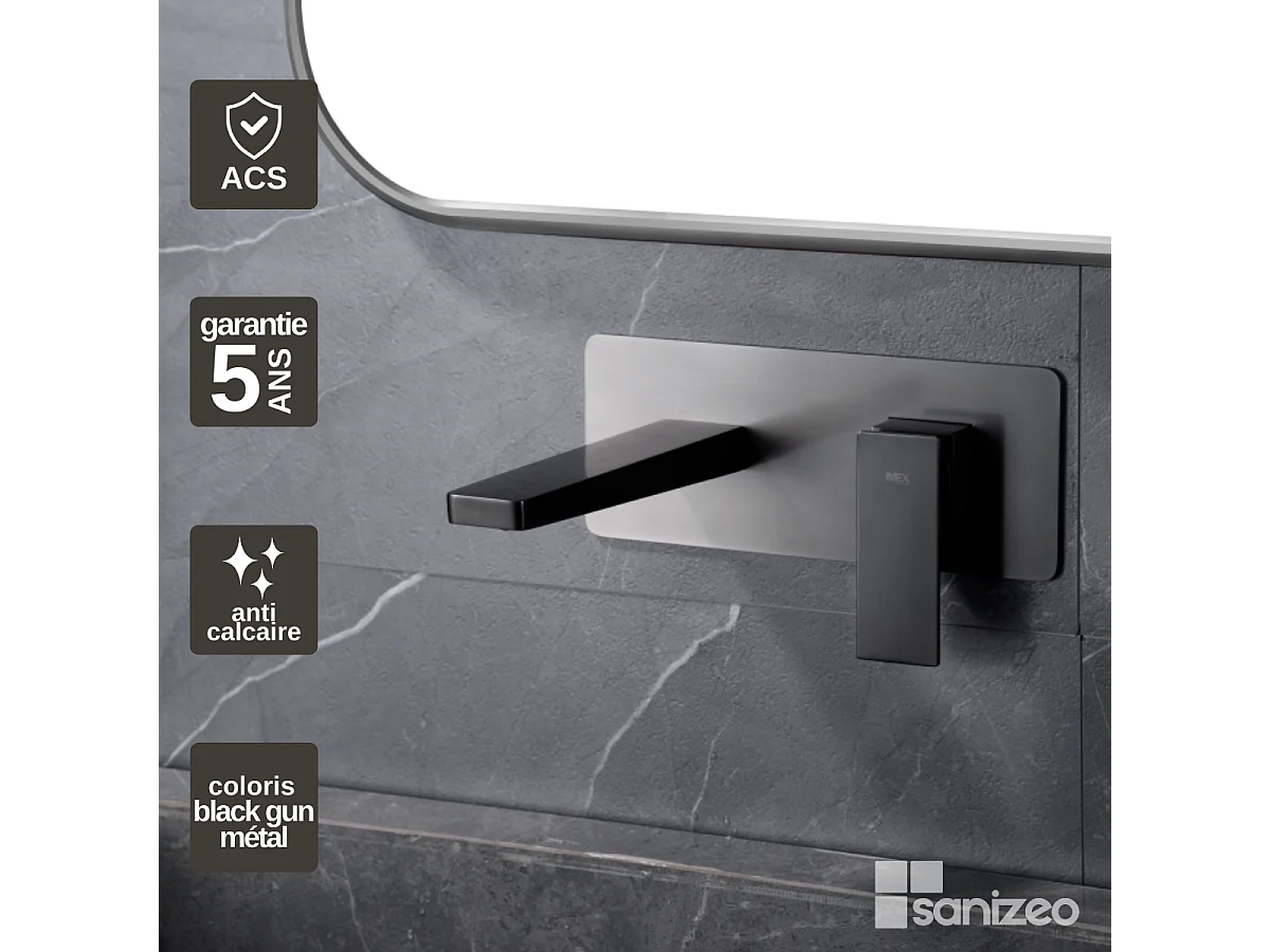 Mitigeur Lavabo Encastré Salle de Bain noir métal – Anti-Calcaire – Design moderne - PISA IMEX