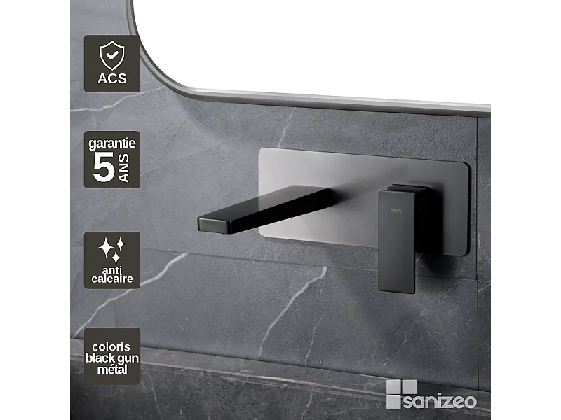 Mitigeur Lavabo Encastré Salle de Bain noir métal – Anti-Calcaire – Design moderne - PISA IMEX