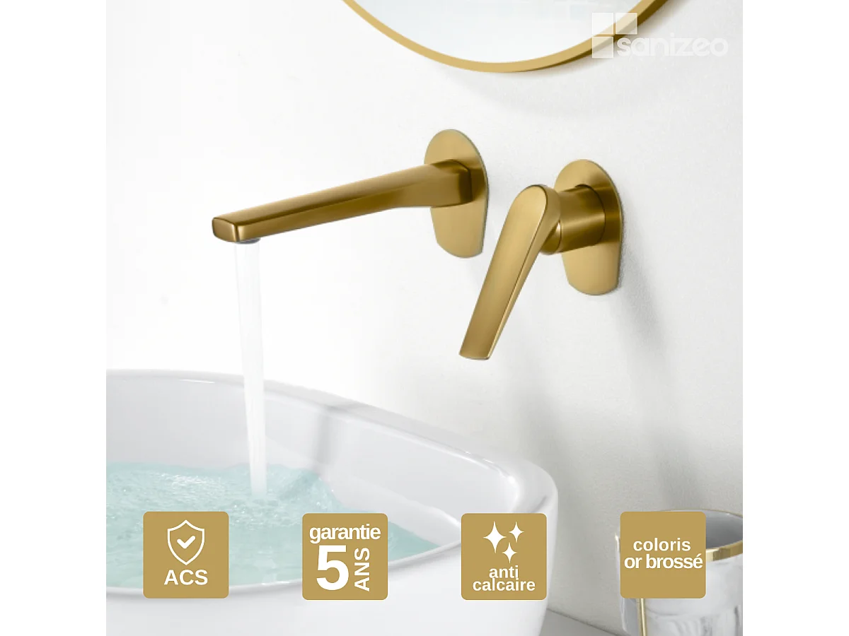 Mitigeur Lavabo Encastré Salle de Bain or brossé – Anti-Calcaire – Design moderne - DELOS IMEX