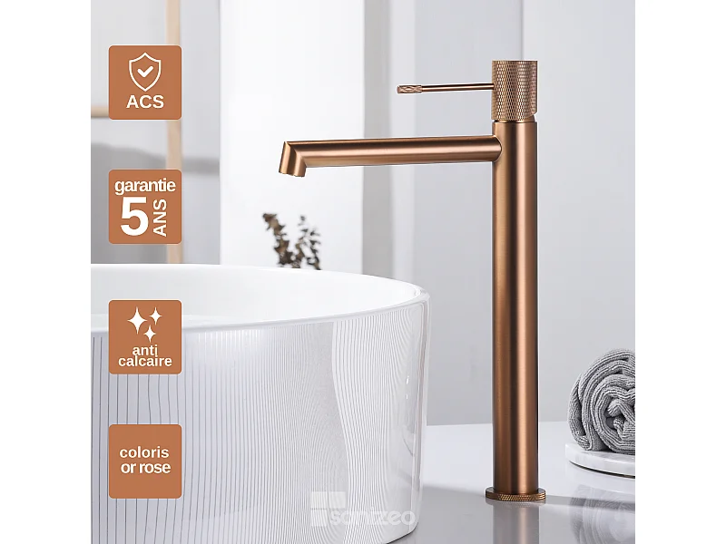 Mitigeur Lavabo Salle de Bain or rose cuivré – Bec Haut Anti-Calcaire – Design Moderne - LINE IMEX