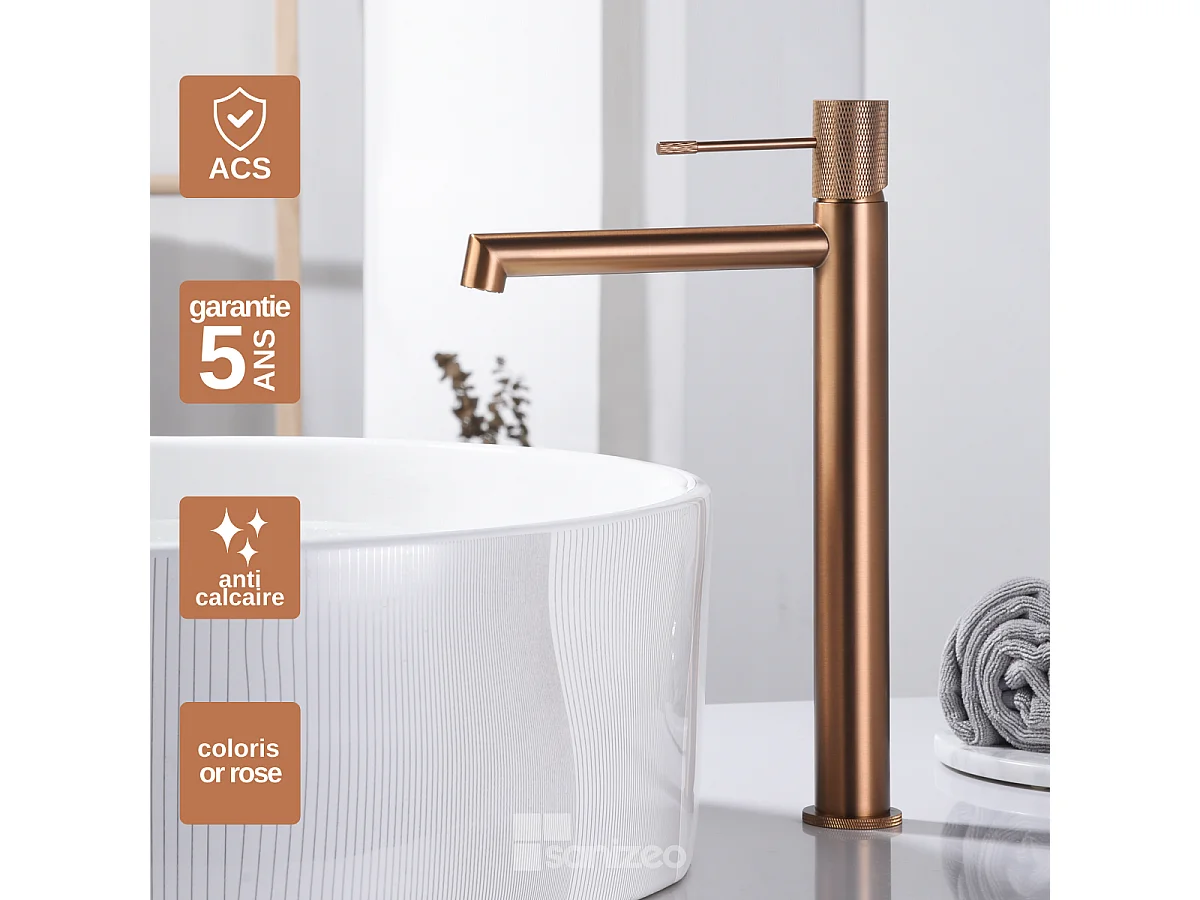 Mitigeur Lavabo Salle de Bain or rose cuivré – Bec Haut Anti-Calcaire – Design Moderne - LINE IMEX