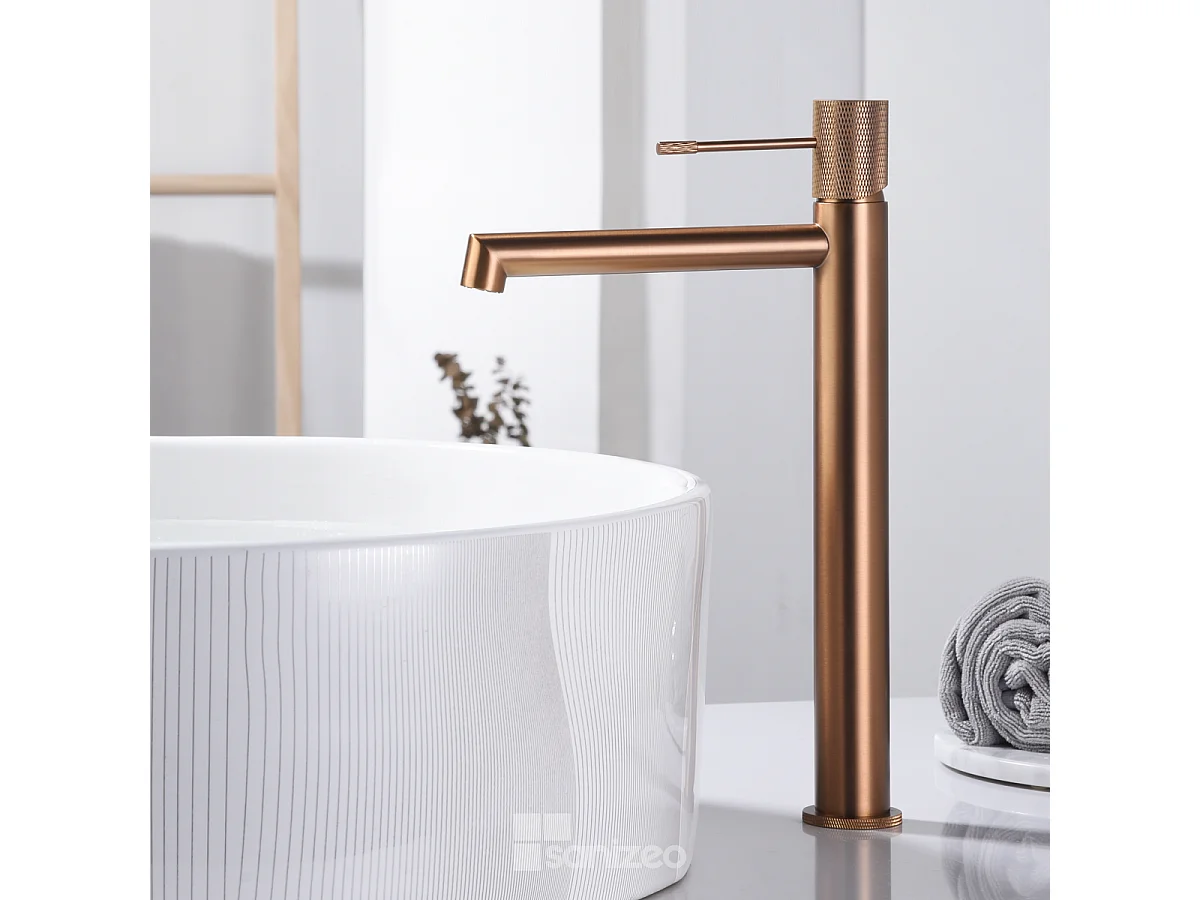 Mitigeur Lavabo Salle de Bain or rose cuivré – Bec Haut Anti-Calcaire – Design Moderne - LINE IMEX