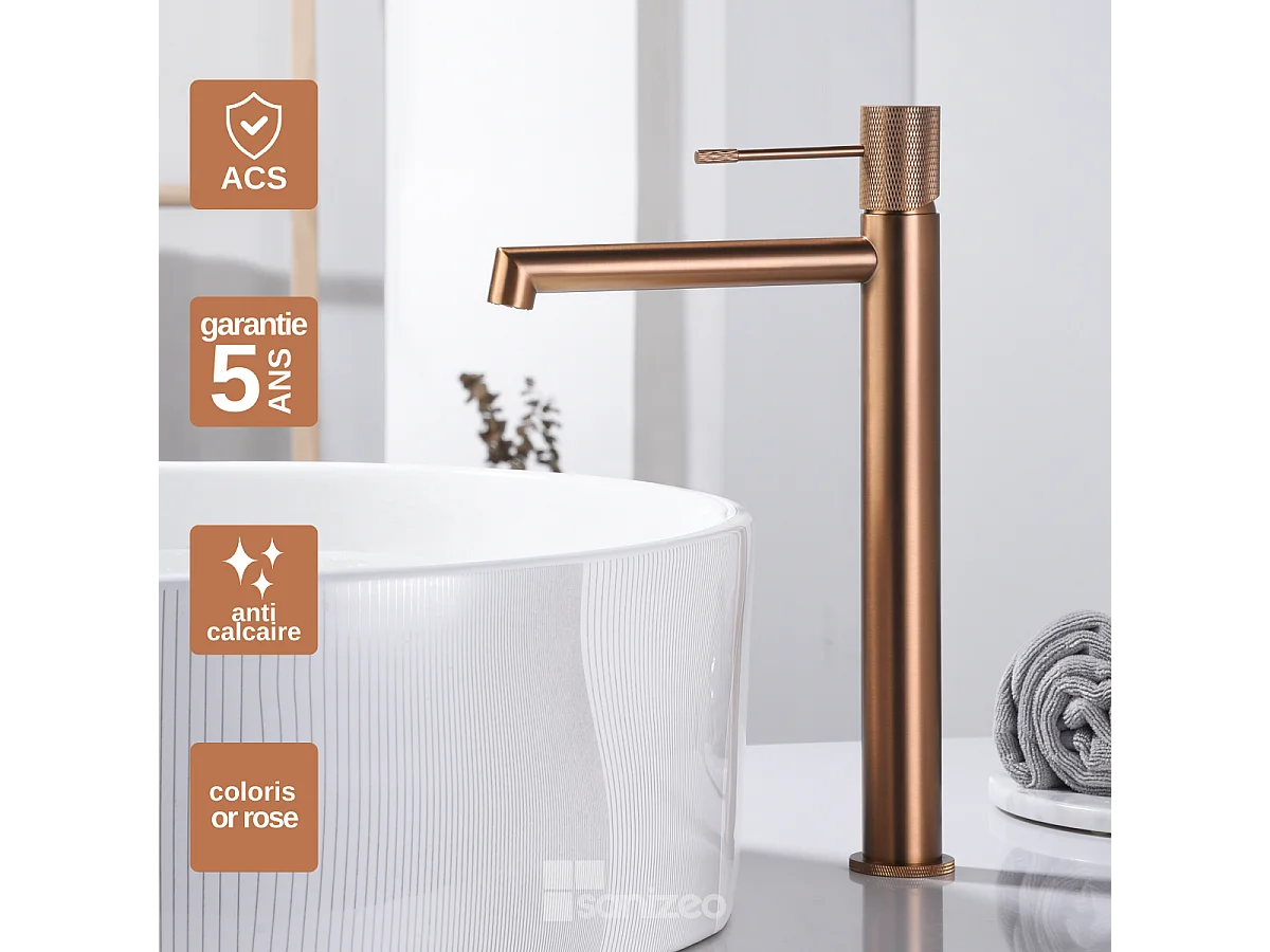 Mitigeur Lavabo Salle de Bain or rose cuivré – Bec Haut Anti-Calcaire – Design Moderne - LINE IMEX