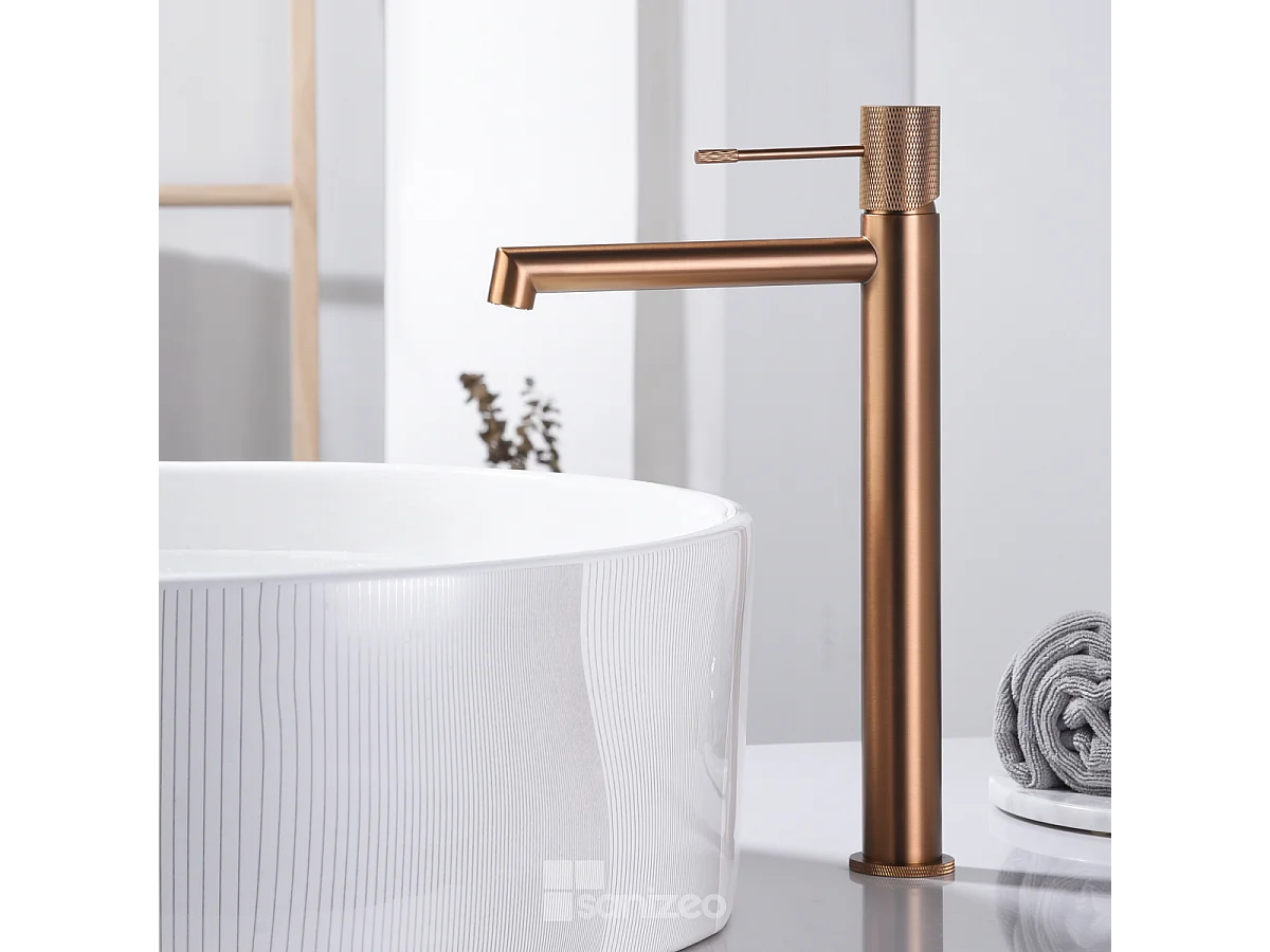 Mitigeur Lavabo Salle de Bain or rose cuivré – Bec Haut Anti-Calcaire – Design Moderne - LINE IMEX