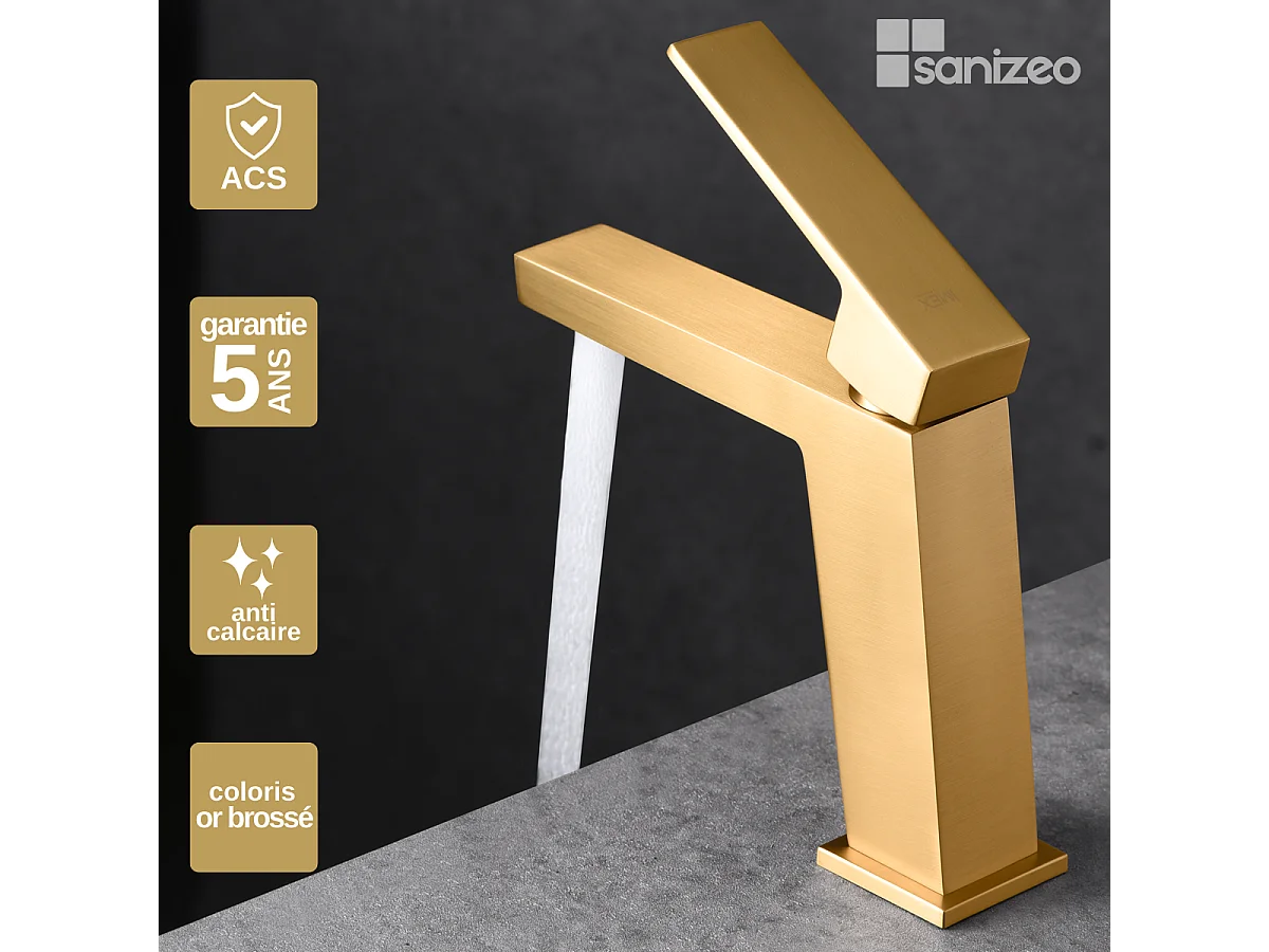 Mitigeur Lavabo Salle de Bain or brossé – Bec Bas Anti-Calcaire – Design moderne - ART IMEX
