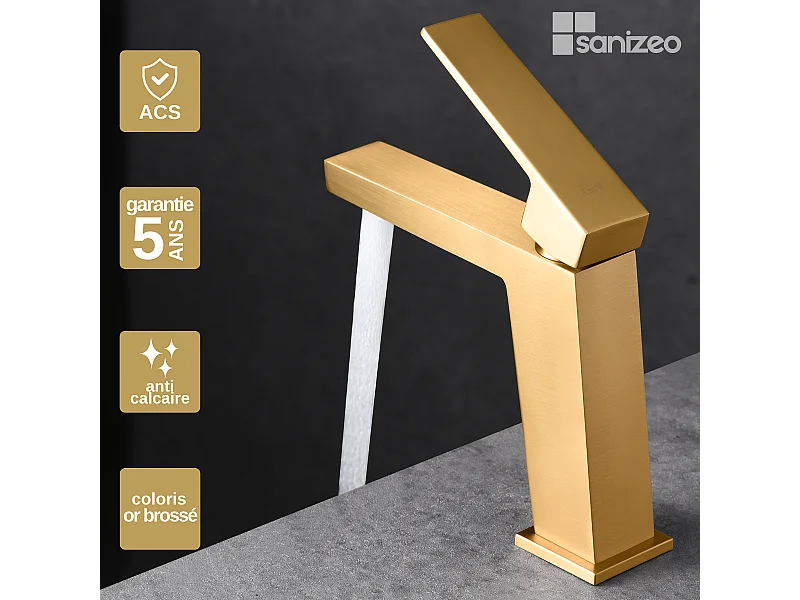Mitigeur Lavabo Salle de Bain or brossé – Bec Bas Anti-Calcaire – Design moderne - ART IMEX