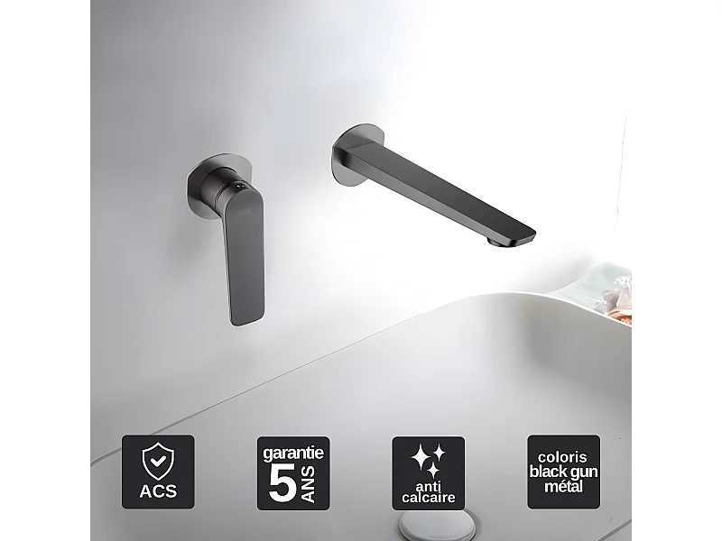 Mitigeur Lavabo Encastré Salle de Bain noir métal – Anti-Calcaire – Design Moderne - NAPOLES IMEX