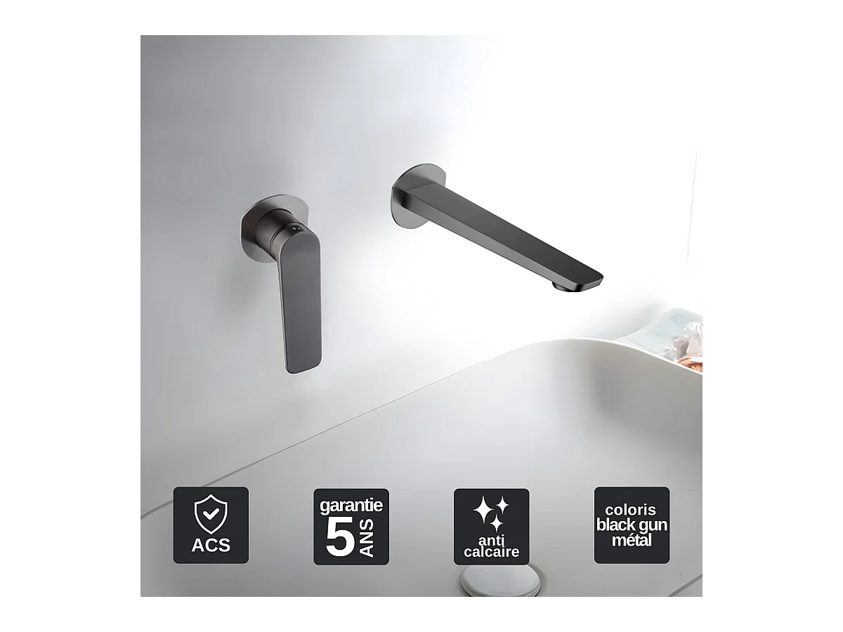 Robinet Mitigeur de Lavabo Encastré Anti-Calcaire Black Gun Métal IMEX NAPOLES GLN047/BGM