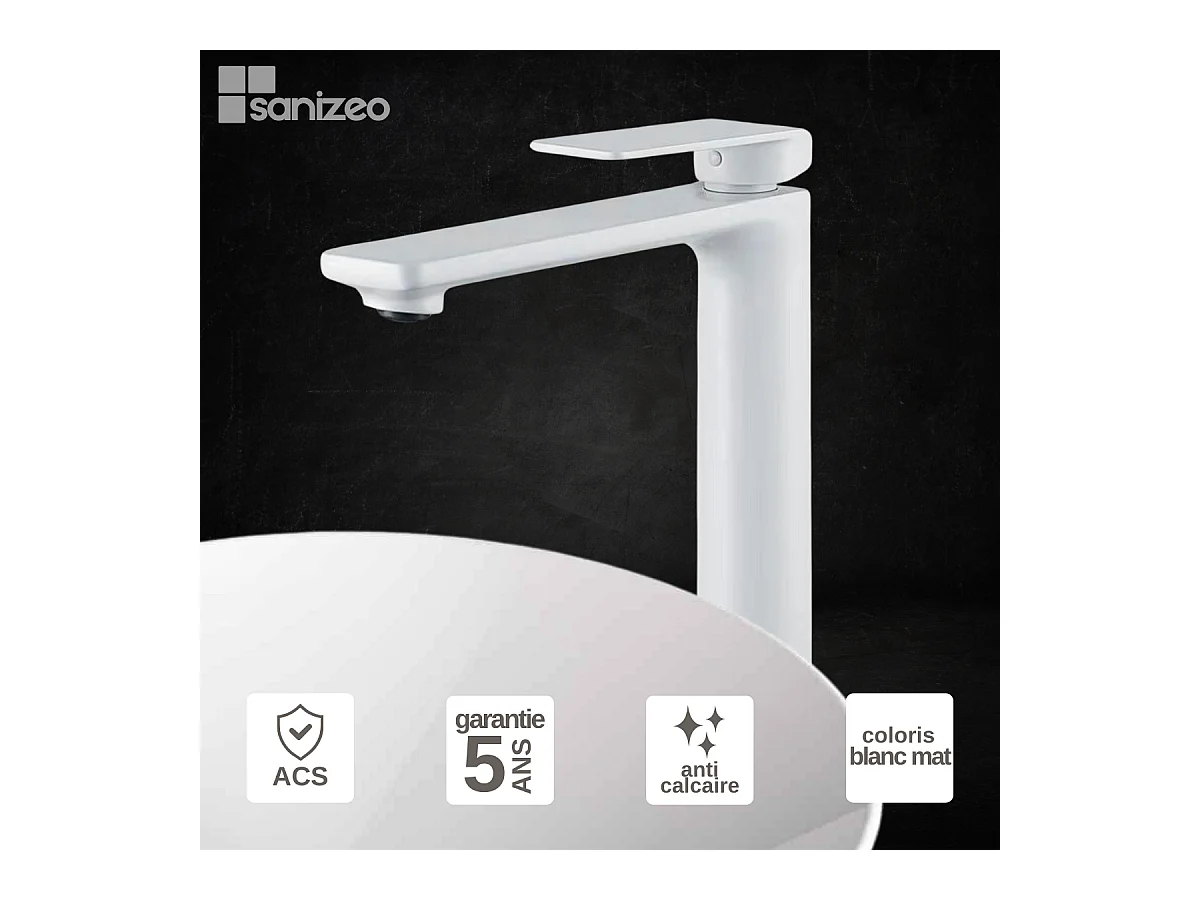 Robinet Mitigeur de Lavabo Anti-Calcaire Bec Haut Blanc Mat IMEX FIYI BDF016-3BL