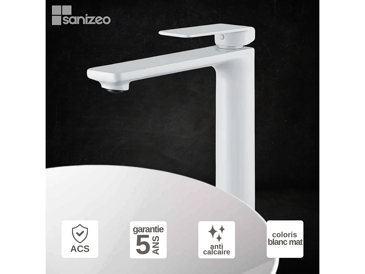 Mitigeur Lavabo Salle de Bain blanc mat – Bec Haut Anti-Calcaire – Design Moderne - FIYI IMEX