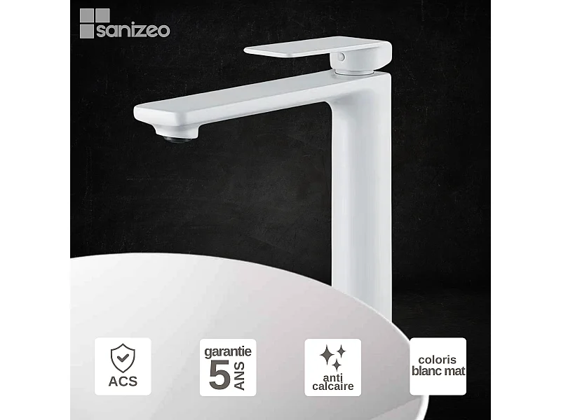 Mitigeur Lavabo Salle de Bain blanc mat – Bec Haut Anti-Calcaire – Design Moderne - FIYI IMEX